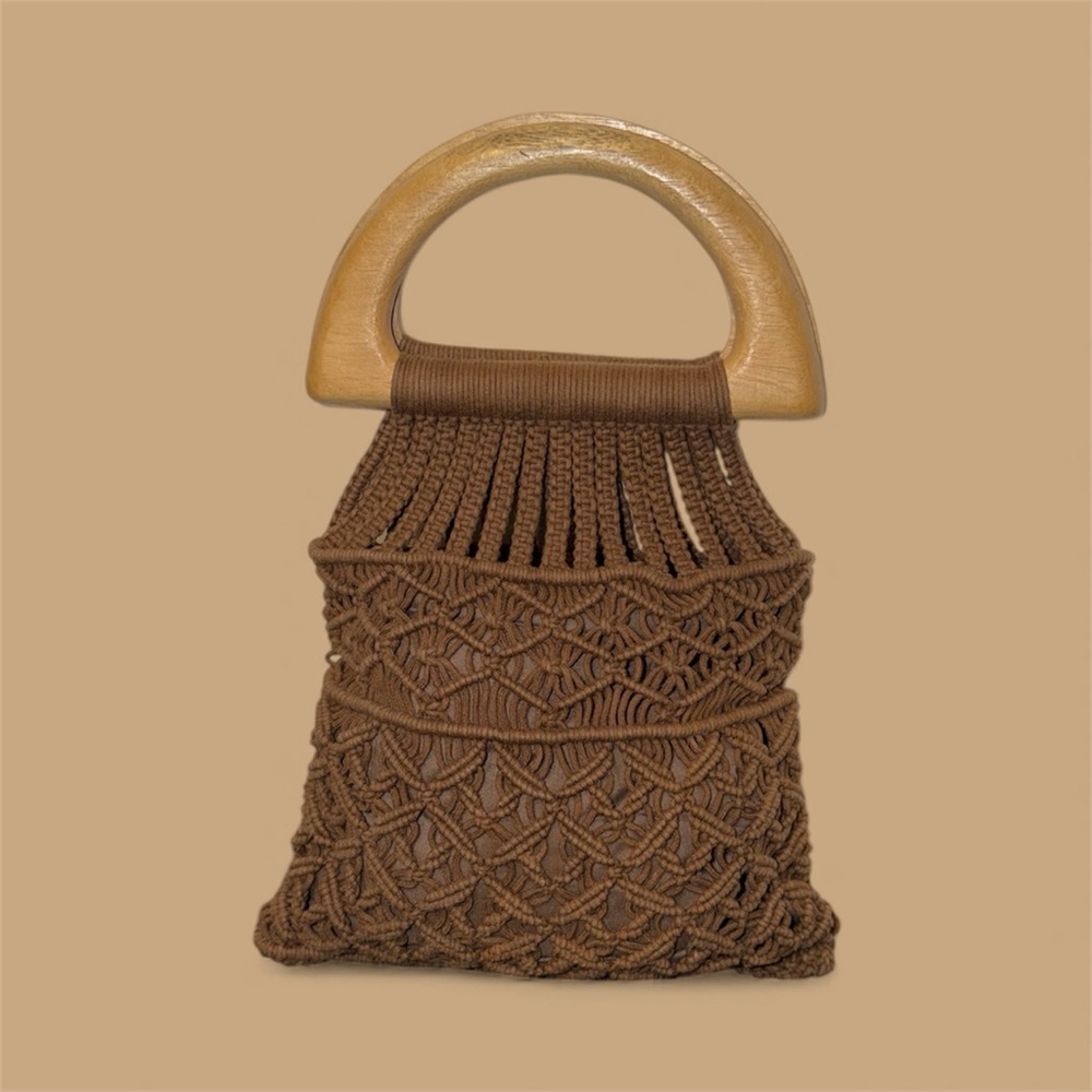 J. Crew Brown Crochet Mini Bag with Wooden Handle